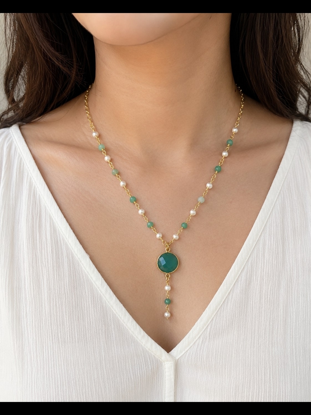 Chrysoprase Pearl Necklace Green Onyx Pendant 24K Gold Plated